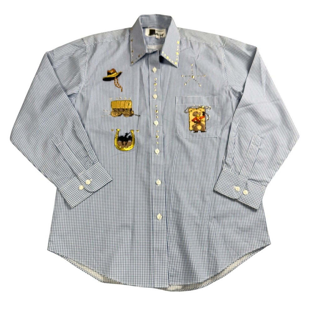 Western Gingham Button Down Shirt Womens Small Blue Embroidered Studded Cowgirl